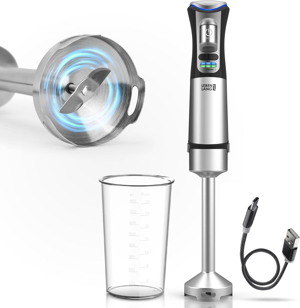 LEBENLANG Kabelloser Akku-Stabmixer - Inklusive 800ml Messbecher - Wiederaufladbar - Edelstahl - 105W - be8fba171a36a35f9536594660f1cab8735ca61f_71UtU7XNarL._AC_SL1500__1