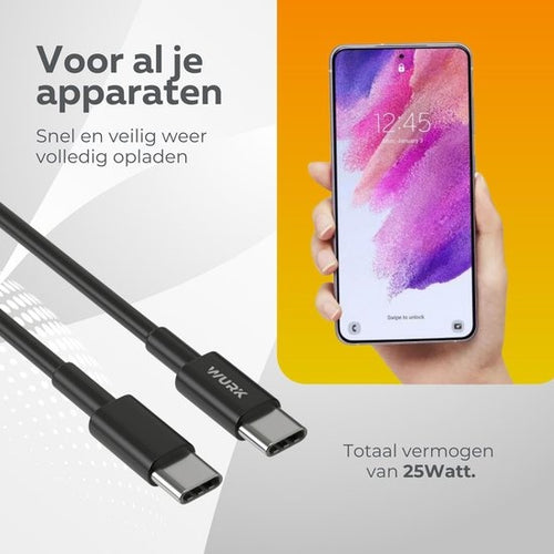 Wurk 25W Ladegerät - Schnelles Ladegerät geeignet für Samsung - Quick Charge Schnellladegerät - 2M USB-C Kabel - Schwarz - f09f213b-752a-49f7-84ca-371a1df9ce60