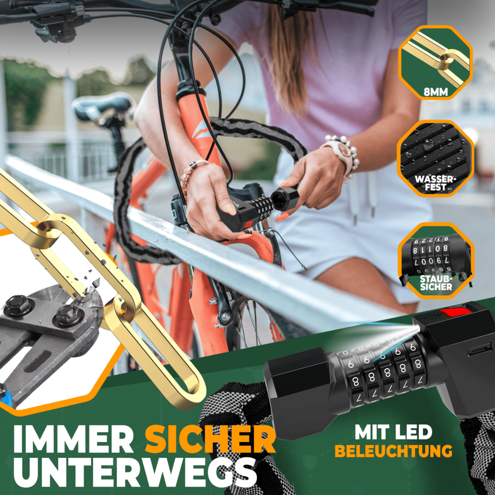 4260714832076 - Kettenschloss für Fahrräder - Mit Zahlenschloss und LED - 100 CM - Edelstahl 4260714832076 - Kettenschloss für Fahrräder - Mit Zahlenschloss und LED - 100 CM - Edelstahl