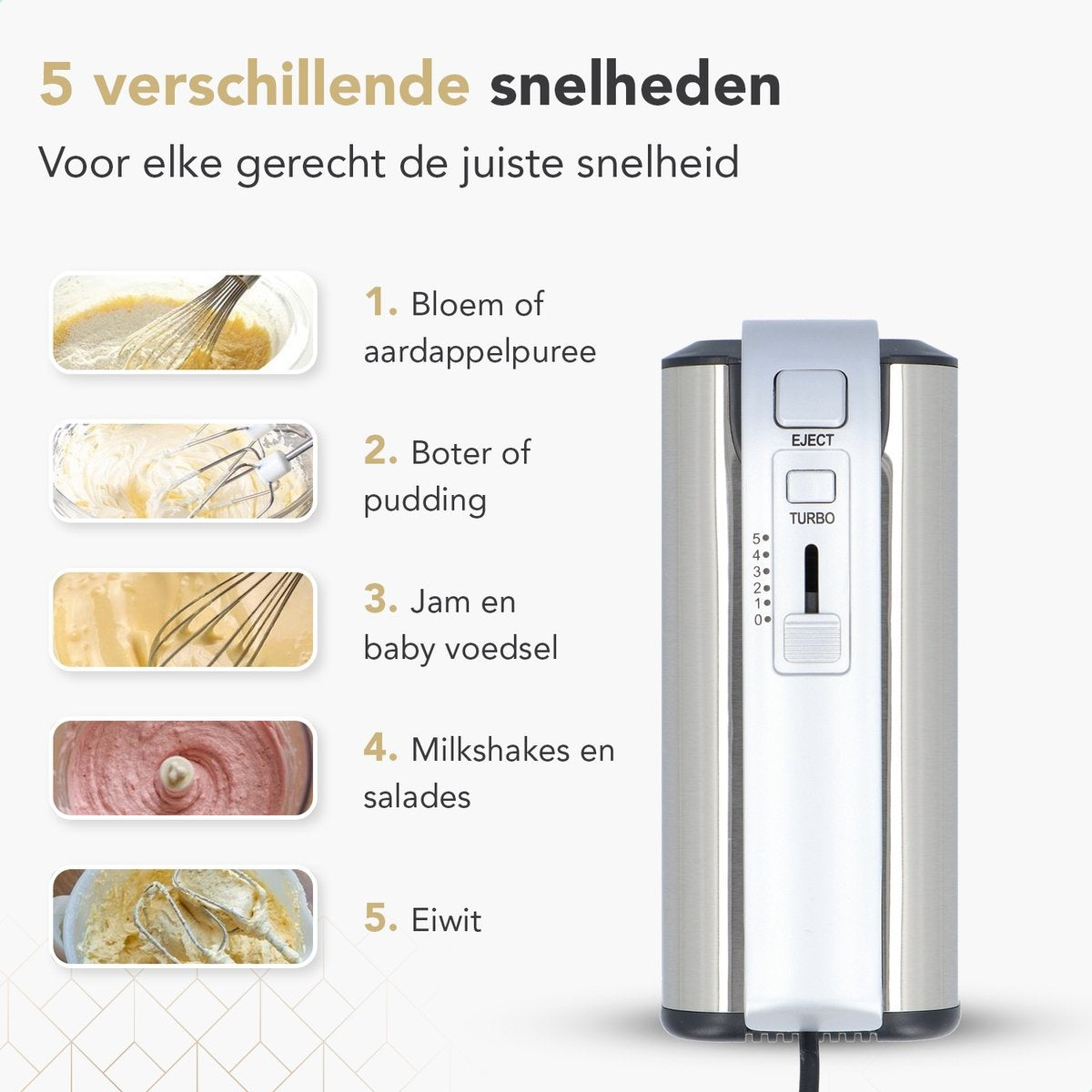 8719325661767 - Handmixer mit Ständer - 5 Geschwindigkeiten - Mixer Turbo - inkl Rührbesen Knethaken - Edelstahl 8719325661767 - Handmixer mit Ständer - 5 Geschwindigkeiten - Mixer Turbo - inkl Rührbesen Knethaken - Edelstahl
