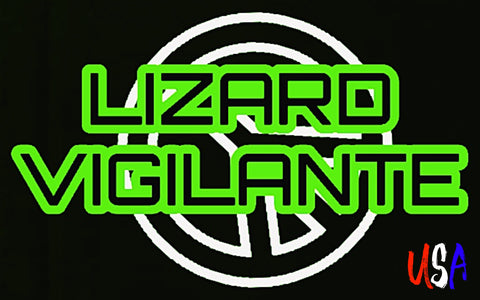 The Lizard Vigilante Rockatorium Iconic Logo featuring crooked peace and USA in red, white and blue