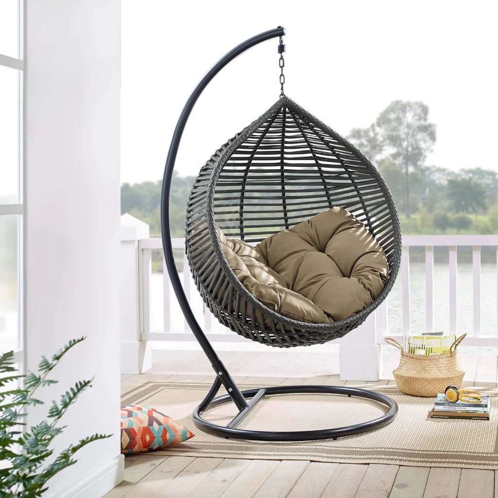 Modway Garner Outdoor Patio Wicker Rattan Teardrop Swing Chair in Gray