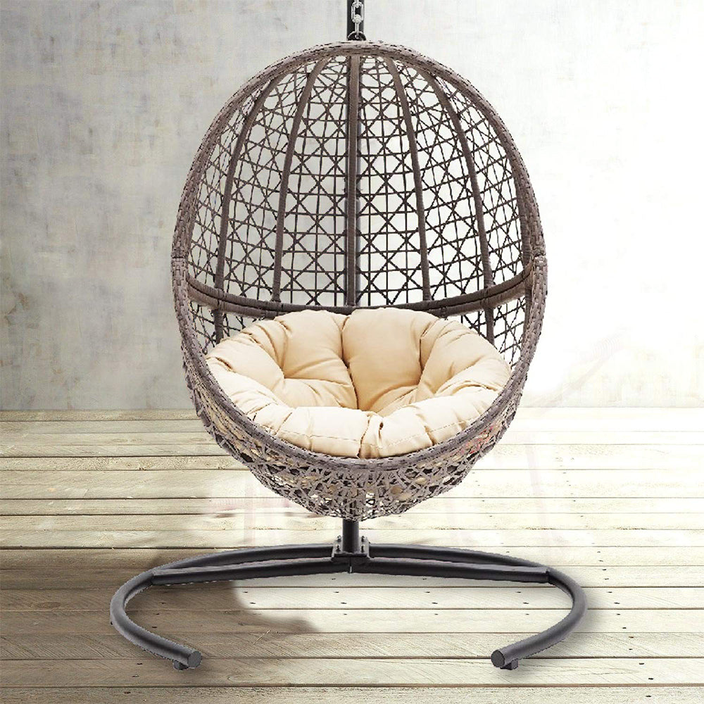 Theraliving Wicker Hanging Egg Chair Swing With Tan Tufted Cushion And Stand