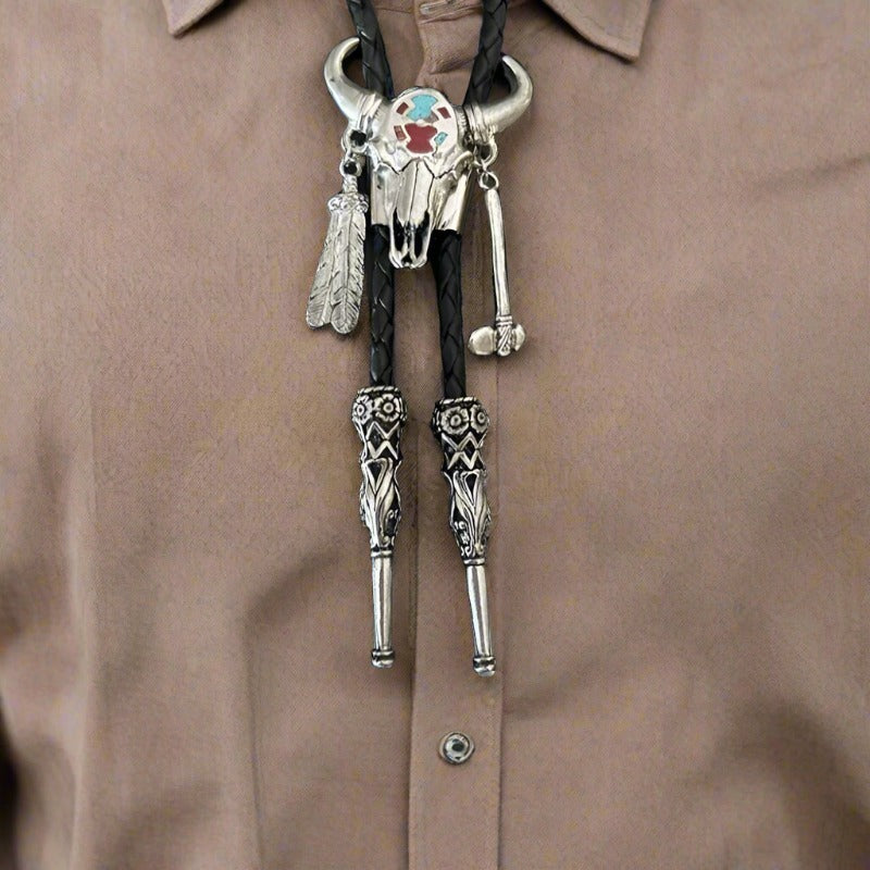 Medicine Bull Turquoise and Coral Inlay Bolo Tie