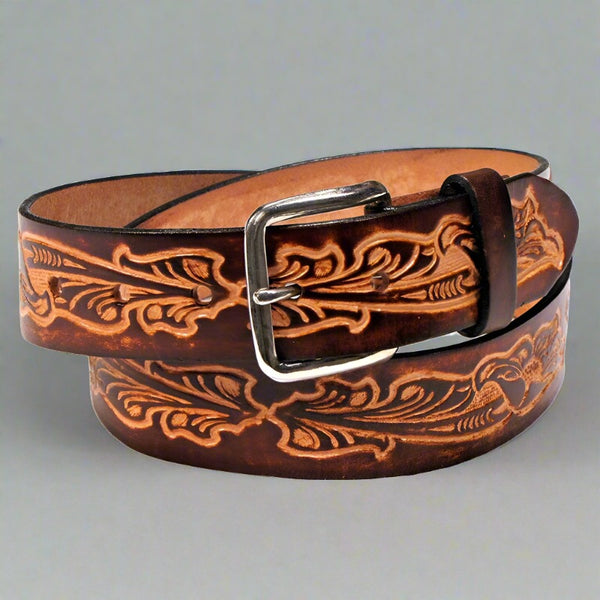 Western Scrolls Brown Leather Belt XM-5510 | Buffalo Trader Online