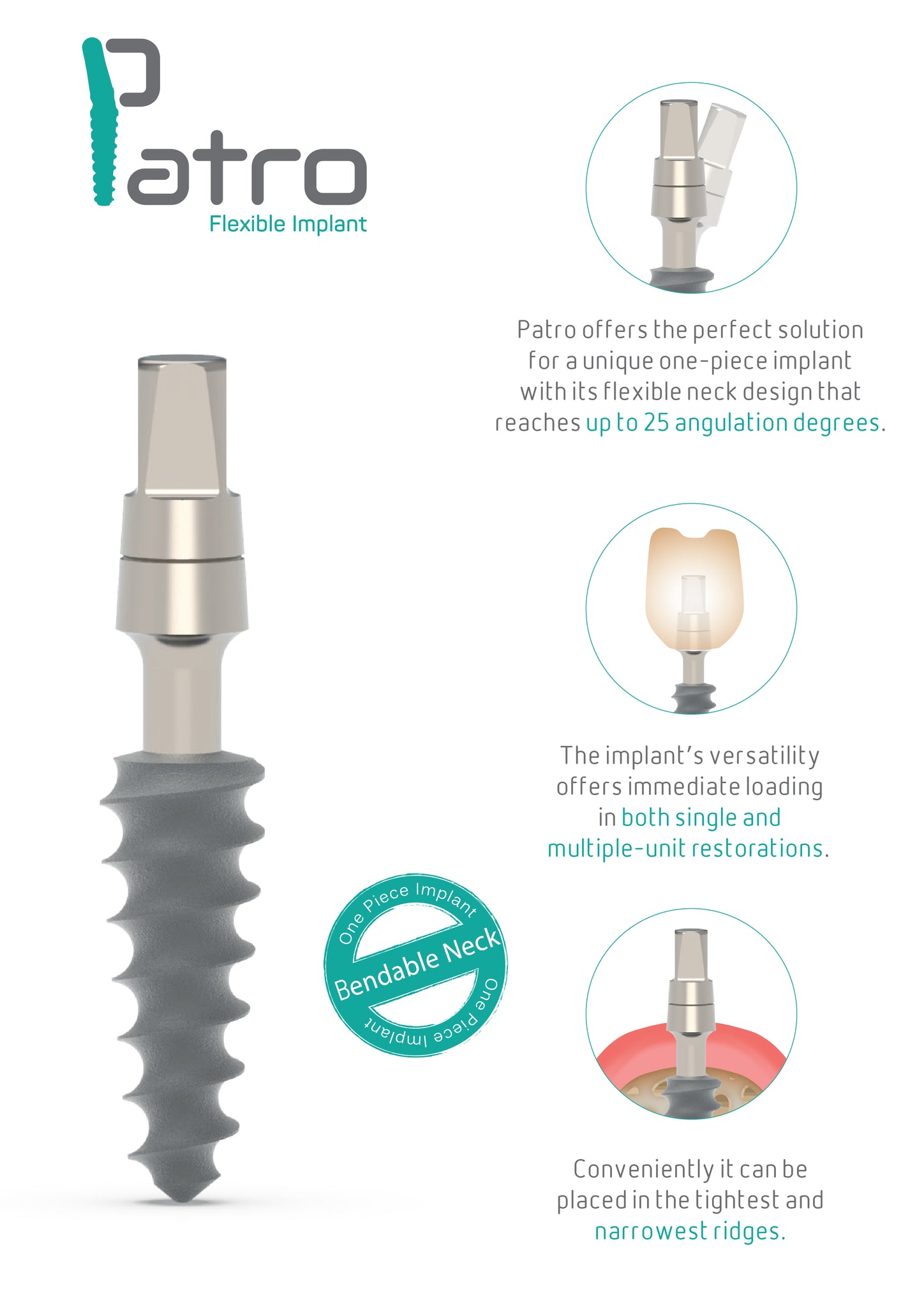 Introducing Patro Implant: Wide diameters, quick restoration. Flexible design, secure placement. Titanium alloy, one-piece with abutment. Enhanced osseointegration for faster treatment.