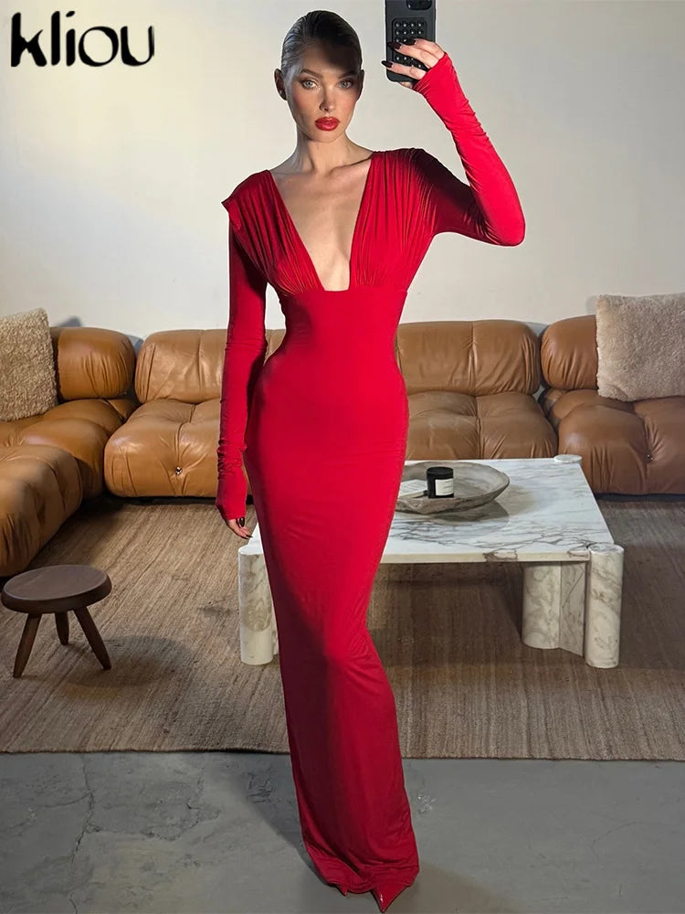 kliou Pleated Elegant Women Maxi Dress Fashion Solid Concise Deep V-neck Full Sleeve Sheath Robe Lady High Street Evening Frock