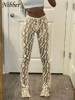Nibber Embroidered Mesh Dots Leggings Women See Through Mid-waist Stretch Pants Skinny Ladies Trousers Elastic Streetwear Bottom - FashionMojos.com