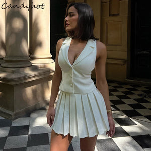 Candyhot Temperament Elegant Y2K Slim Fit Set V-neck Tight Vest Mini Pleated Skirt Autumn Street Commuting Women's Two-piece Set - FashionMojos.com