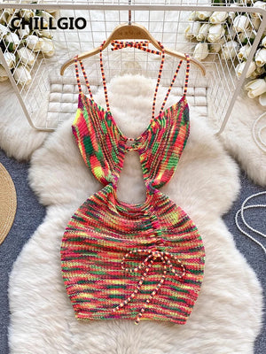 CHILLGIO Women Print Knitted Spaghetti Strap Dress Fashion Hot Bodycon Vestidos Hollow Mini Sexy Ruched Sheath Pencil Sundress - FashionMojos.com