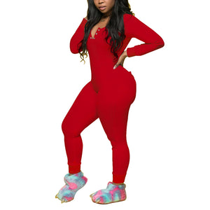Women Sexy Bodycon Butt flap Pajamas Tight Jumpsuits Solid Color Long Sleeve V-neck Stretch Full Length Rompers Overall Clothing - FashionMojos.com