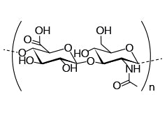 Skeletal formula of hyaluronan — a polymer consisting of D-glucuronic acid and N-acetyl-D-glucosamine linked via alternating β-(1→4) and β-(1→3) glycosidic bonds. 