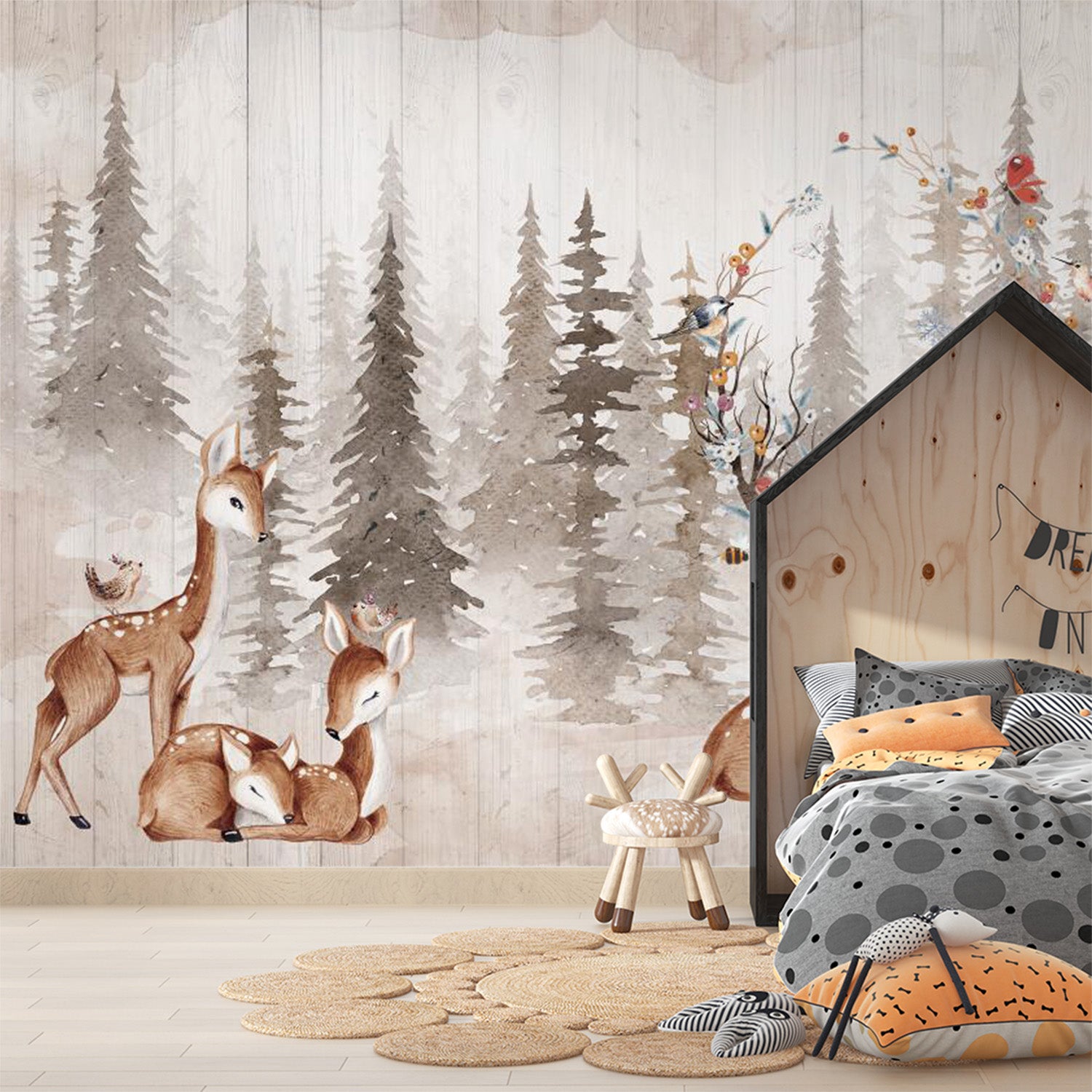 papier peint chambre enfant ou bébé avec des biche et des cerfs dans la forêt