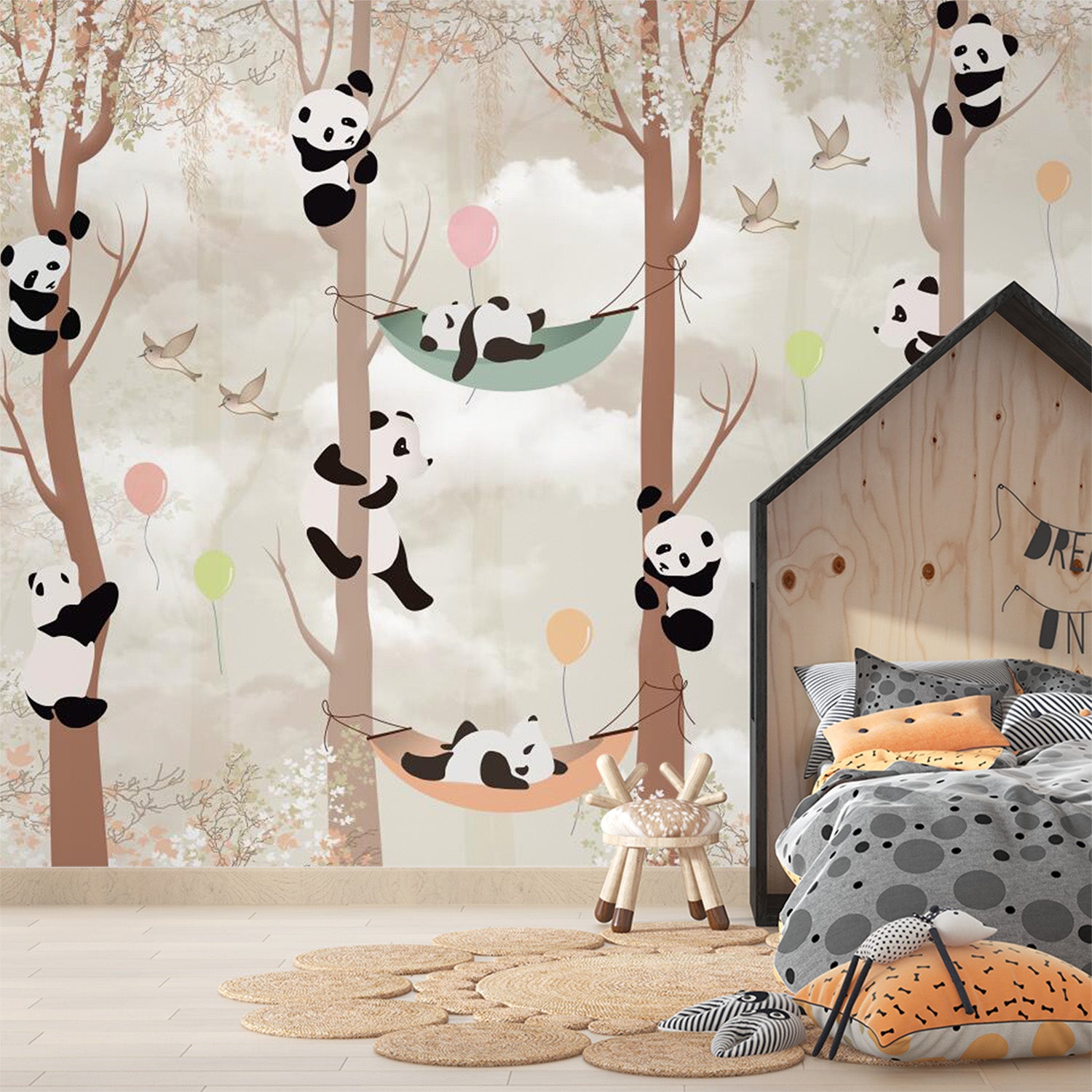 papier peint panda dans des hamacs pour chambre bébé