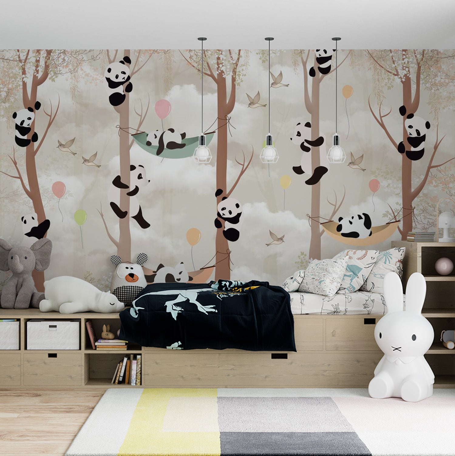 Papier peint panda trop mignon avec des arbres pour chambre d'enfant