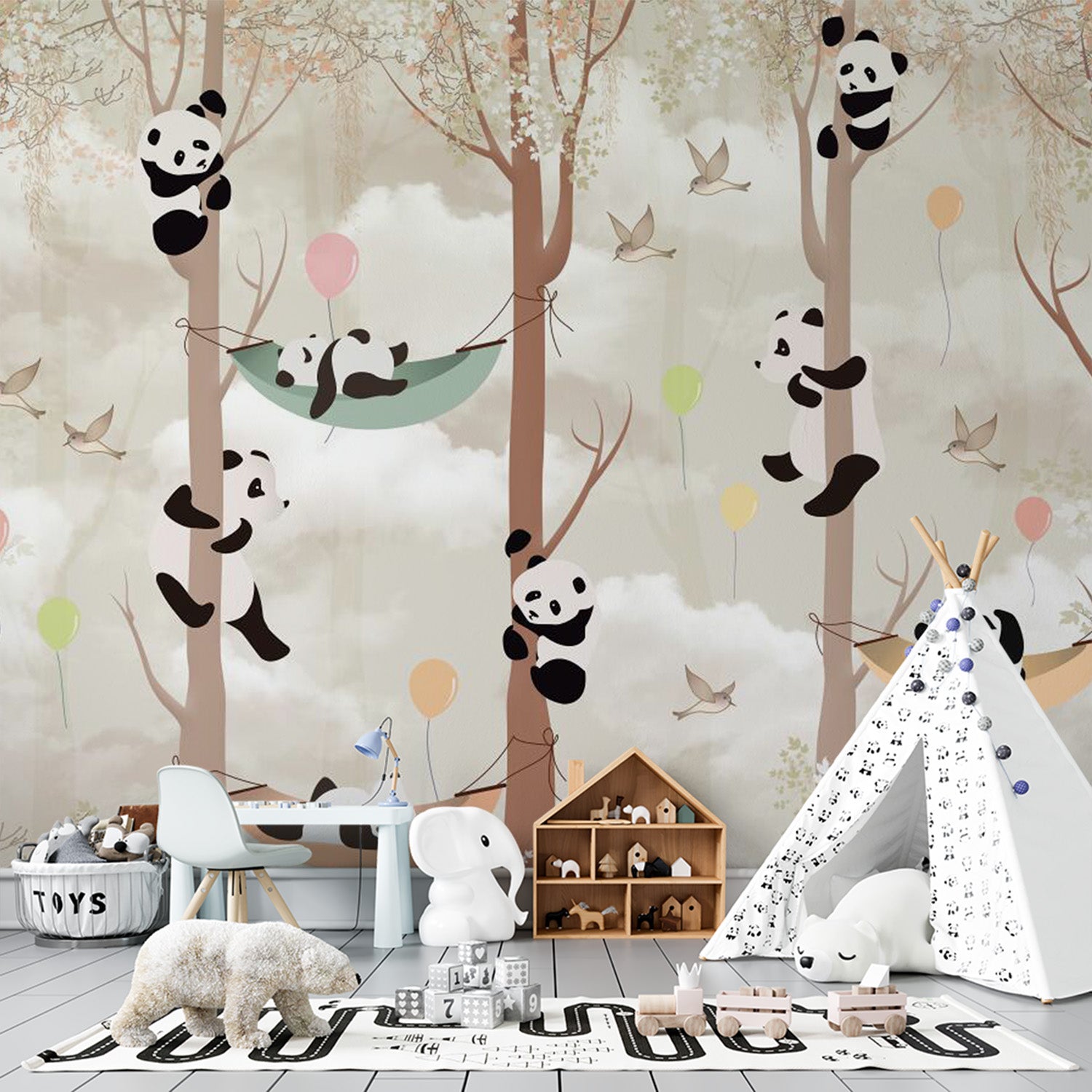Papier peint panda accroché a des arbres pour chambre d'enfant 