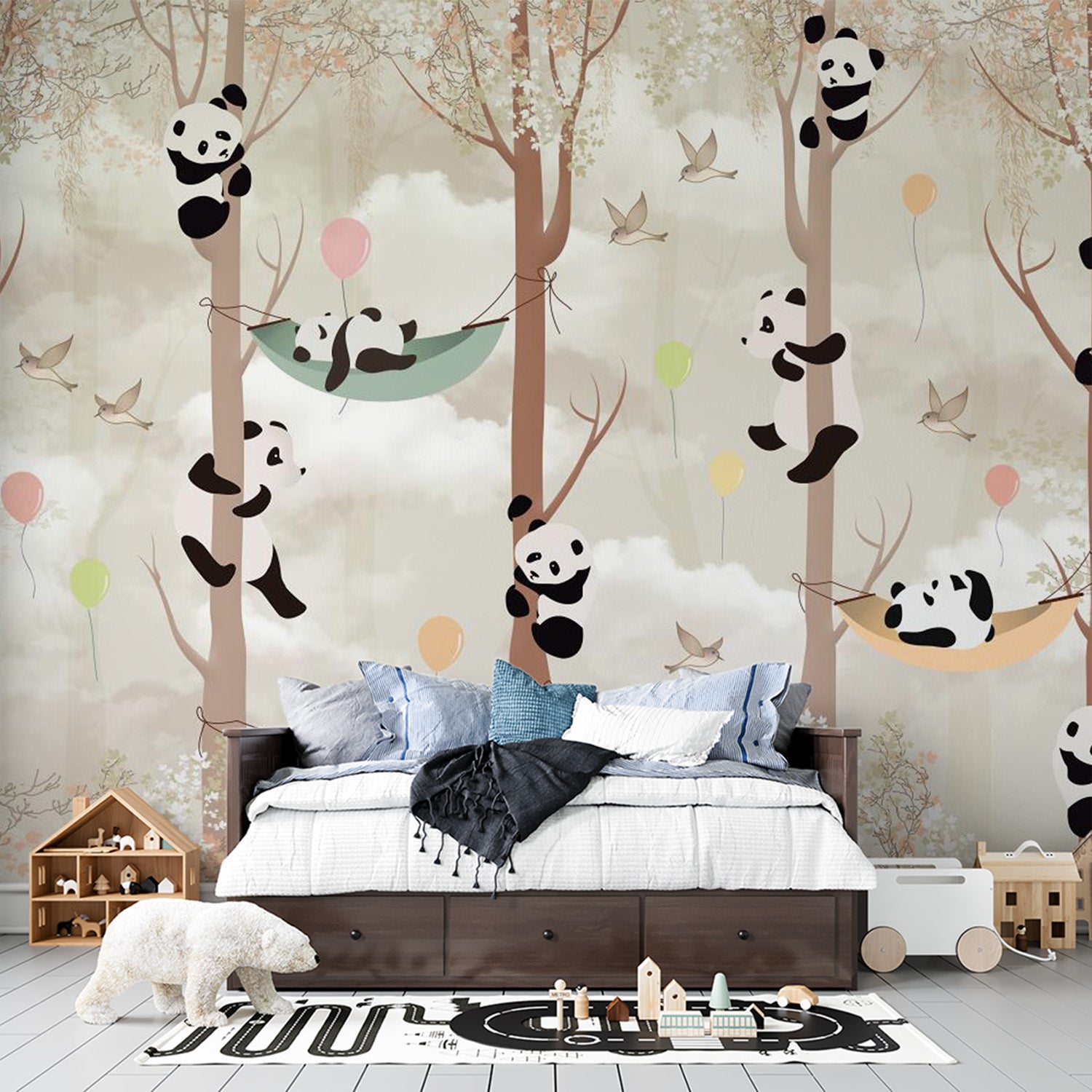 Papier peint panda dans des hamacs pour chambre d'enfant