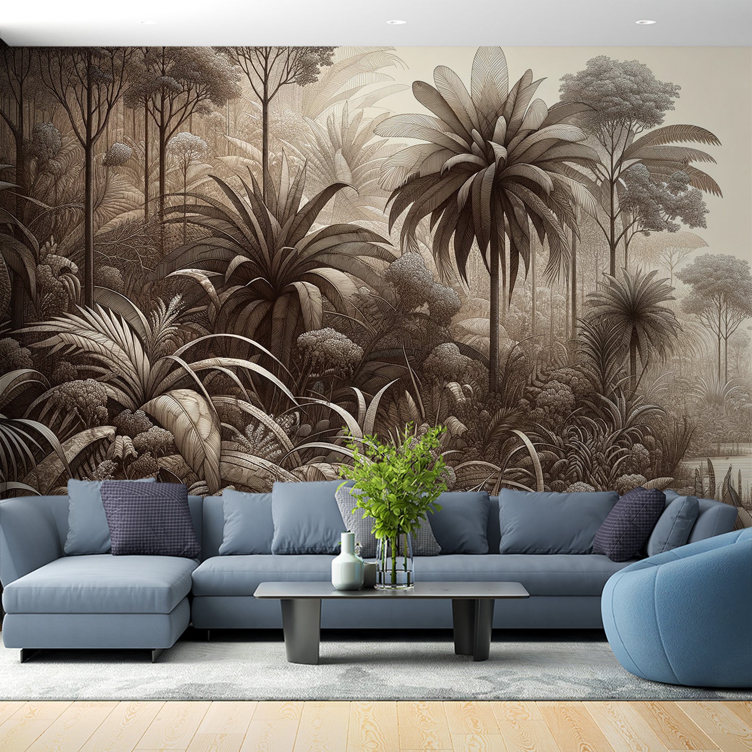  Papier peint jungle Forêt tropicale monochrome avec variété de plantes et palmiers 