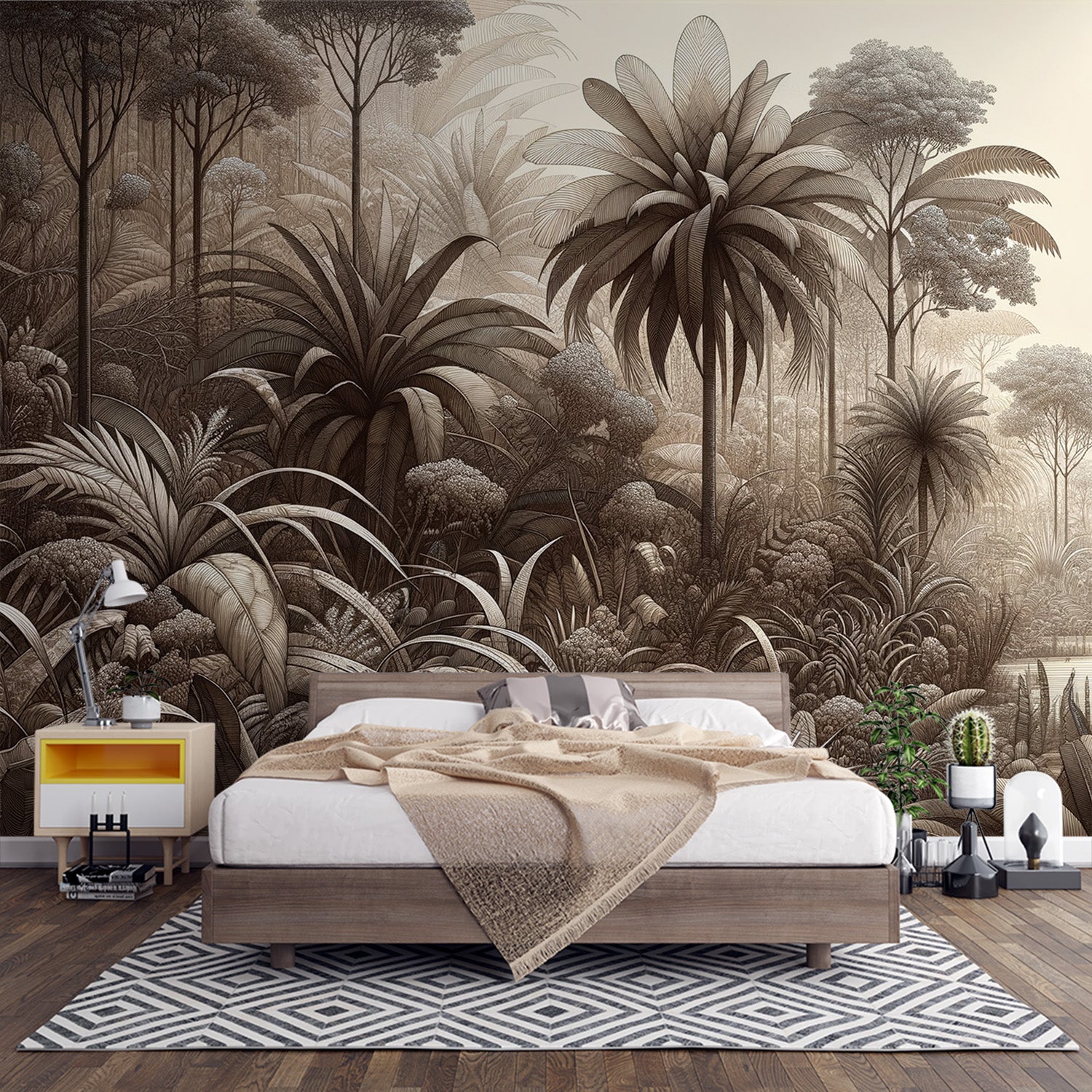  Papier peint jungle Forêt tropicale monochrome avec variété de plantes et palmiers