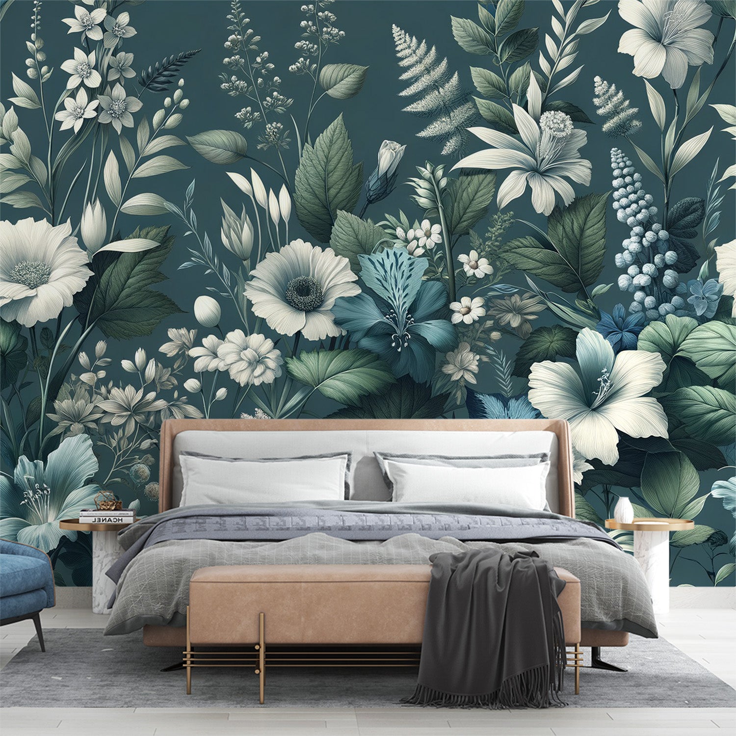  Foto Behang bloemen Bladeren en bloemblaadjes in doffe kleuren en nachtblauwe achtergrond