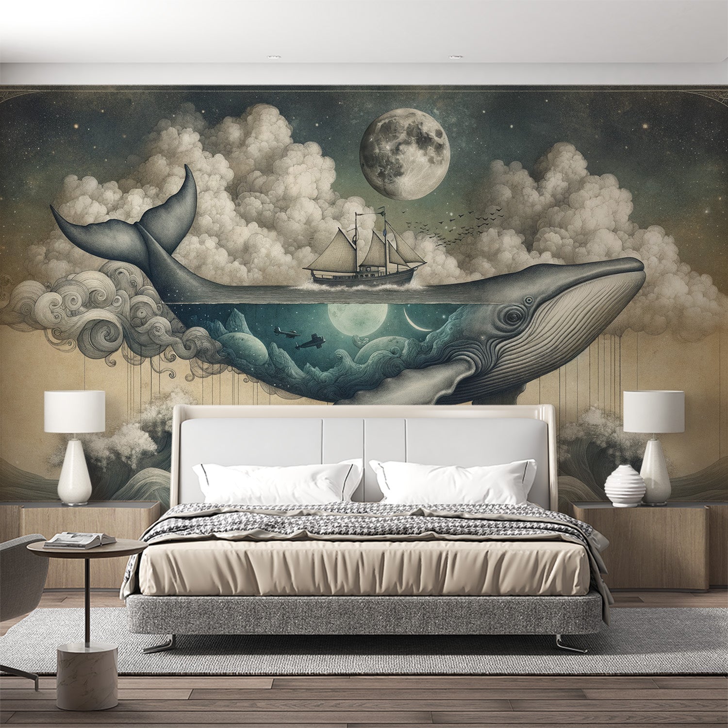 Tapete Wal Wal, Schiff und Mond auf nächtlichem Hintergrund und wattigen Wolken
