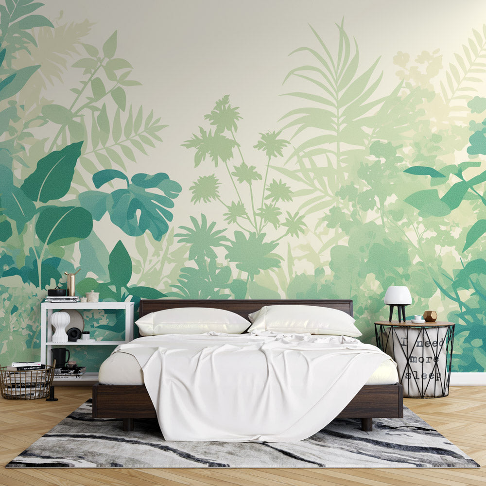  Papier peint feuillage tropical vert pastel 