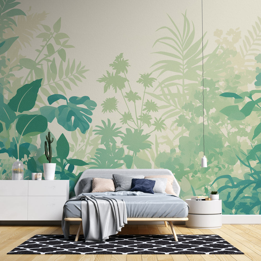  Papier peint feuillage tropical vert pastel 