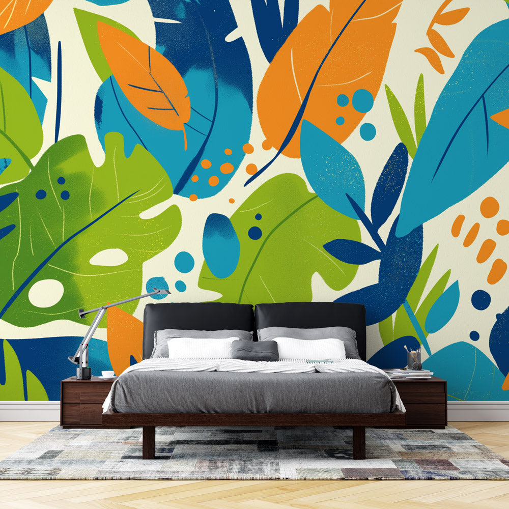 Papel de parede com folhagem pop art verde azul laranja