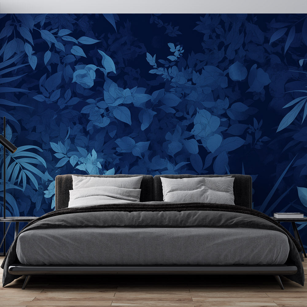  Papier peint feuillage tropical Bleu intense