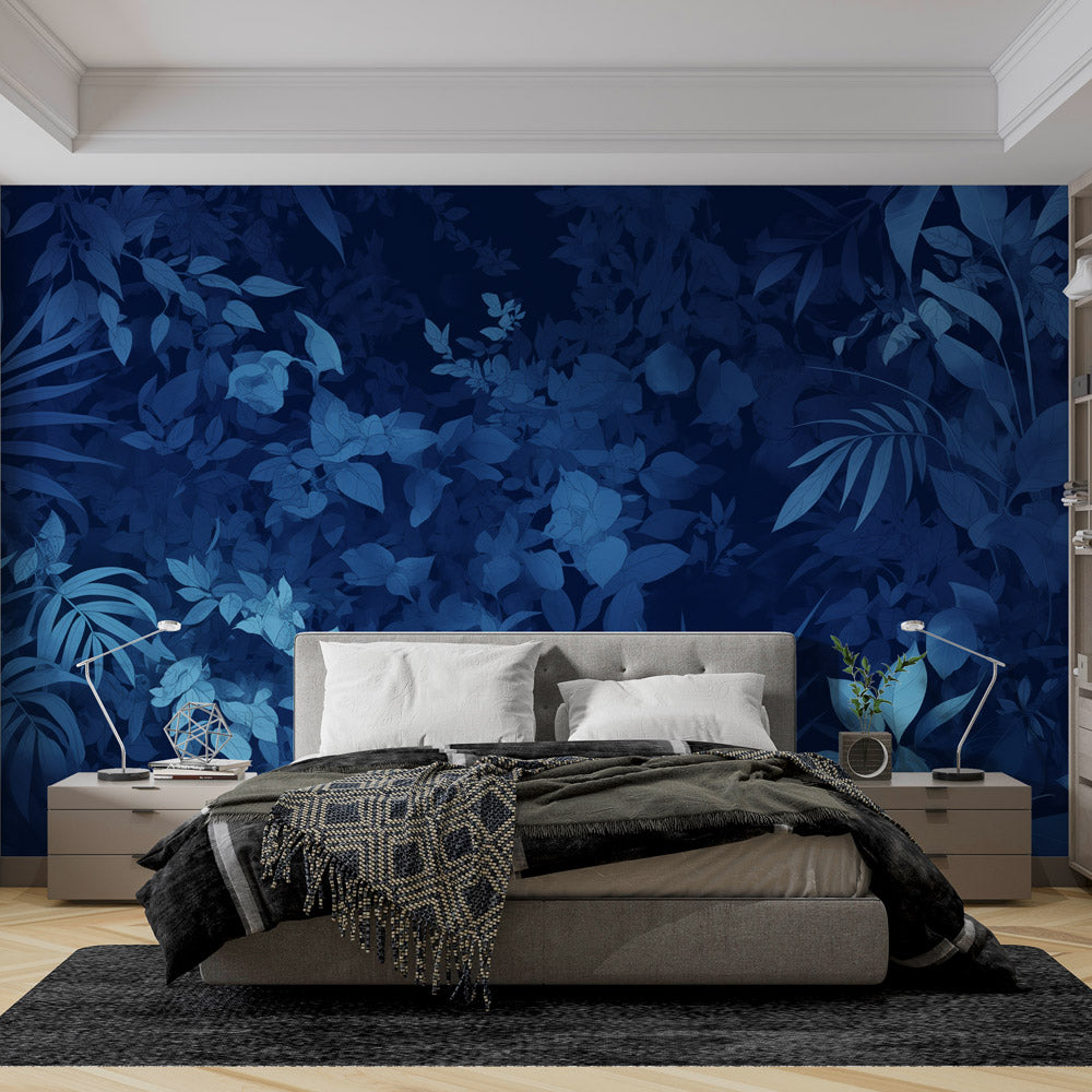  Papier peint feuillage tropical Bleu intense