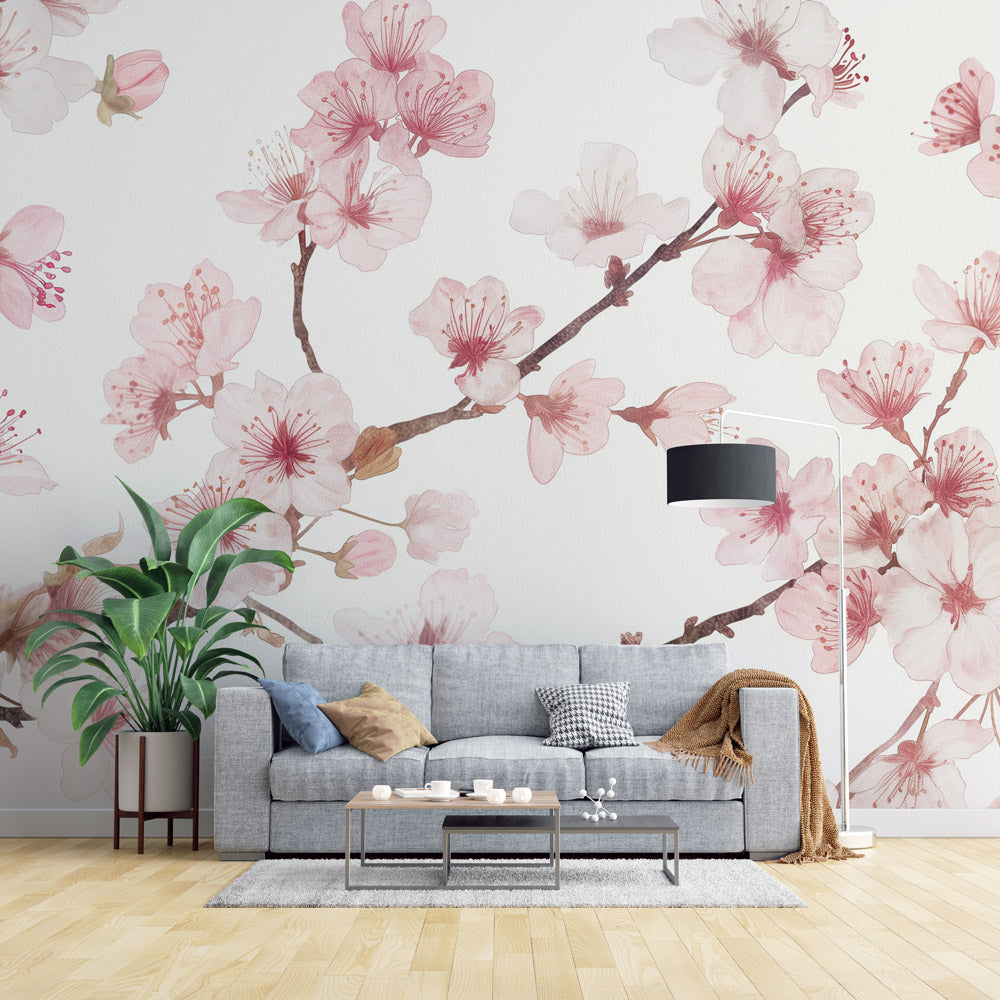  Papier peint japonais fleurs de cerisiers sur fond blanc