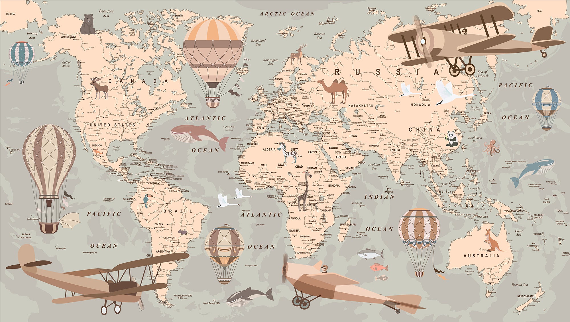 Papier peint enfant carte du monde aviateur L450cm x H260cm