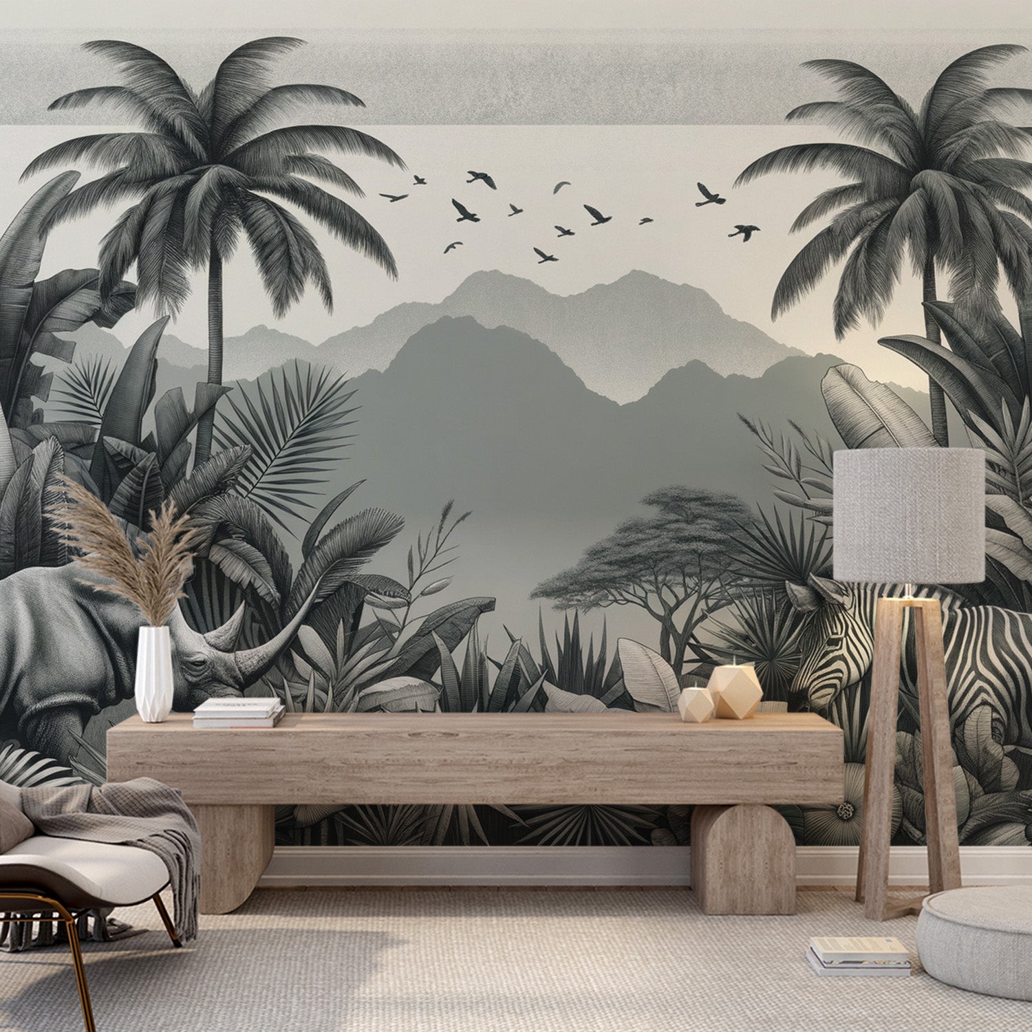  Papier peint feuillage tropical Rhinocéros et zèbres avec relief montagneux
