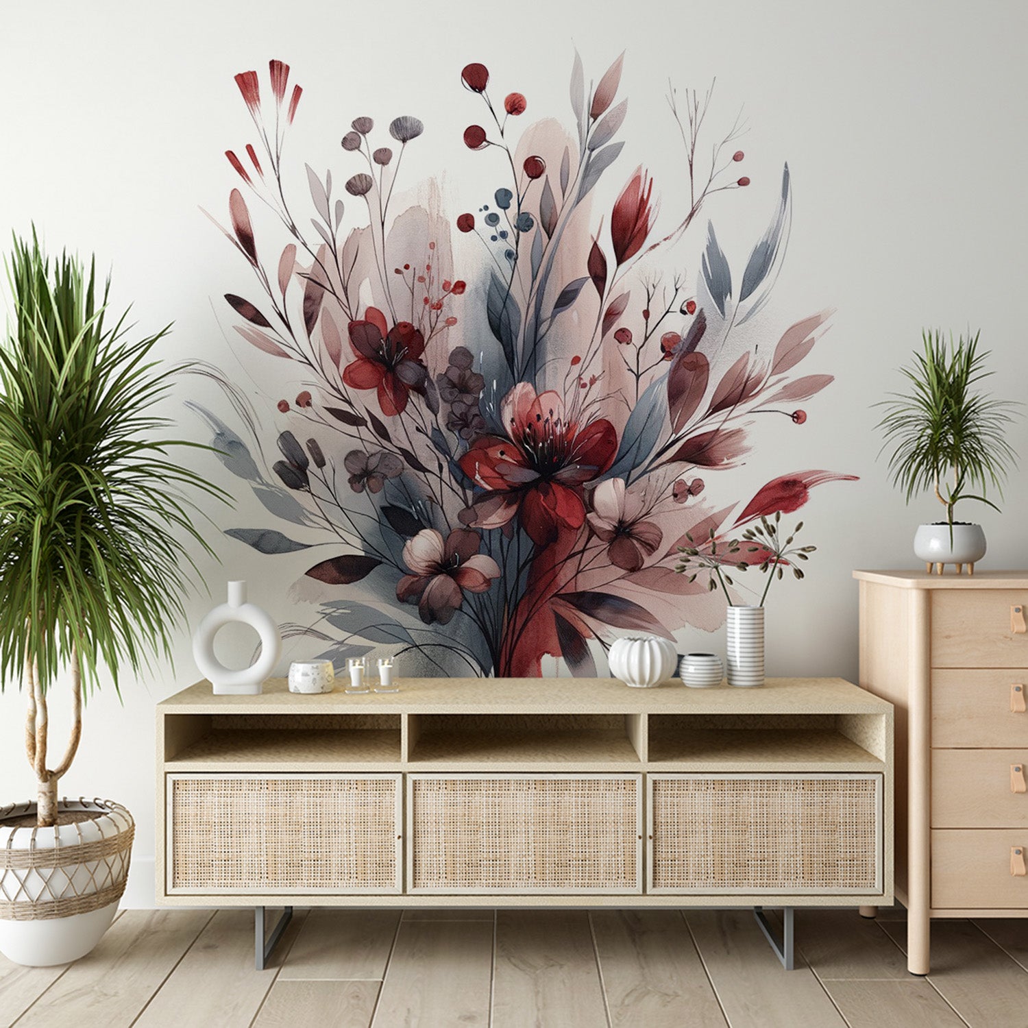  Papier peint floral Composition en aquarelle rouge et gris