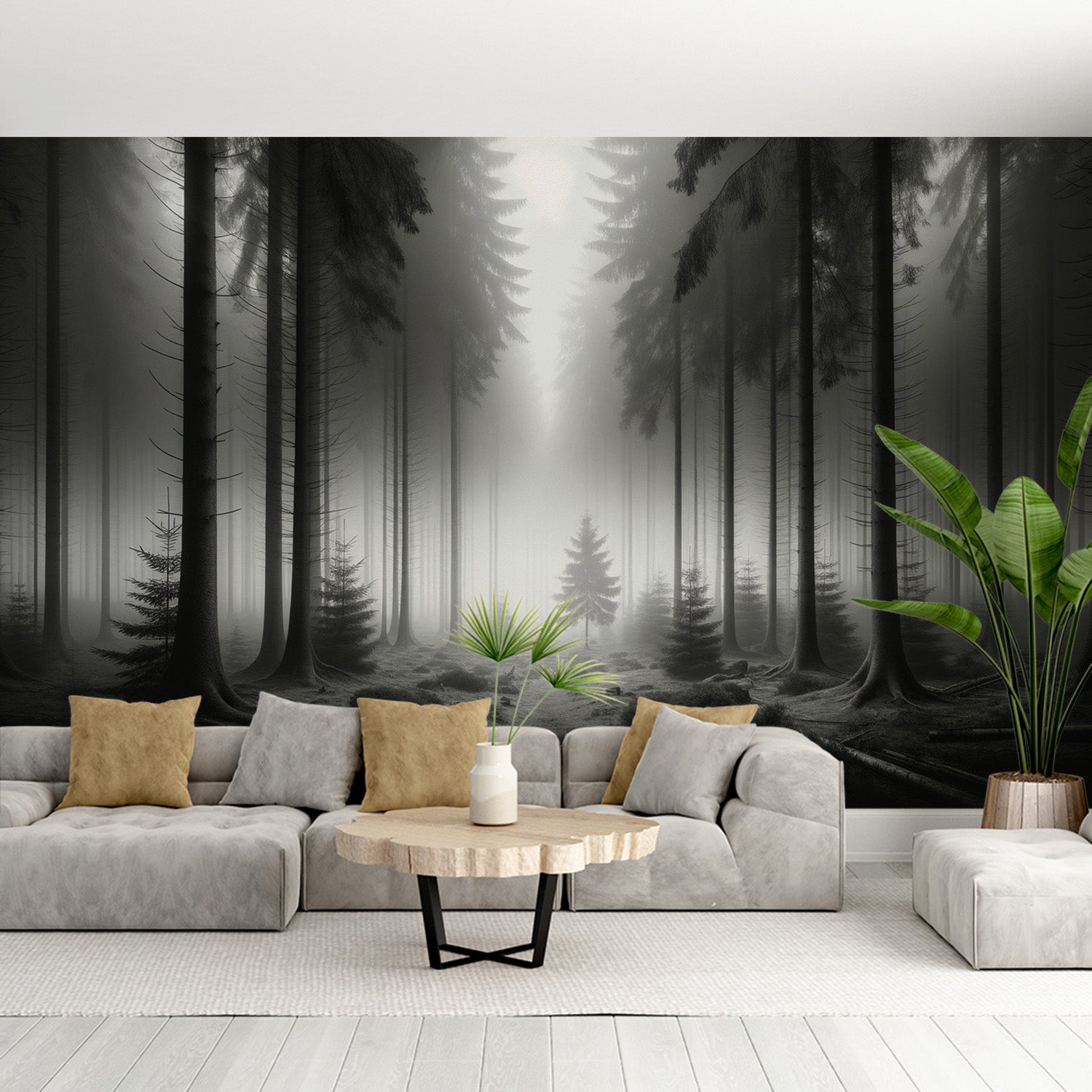  Papier peint forêt Brume mystérieuse parmi de grands conifères en noir et blanc