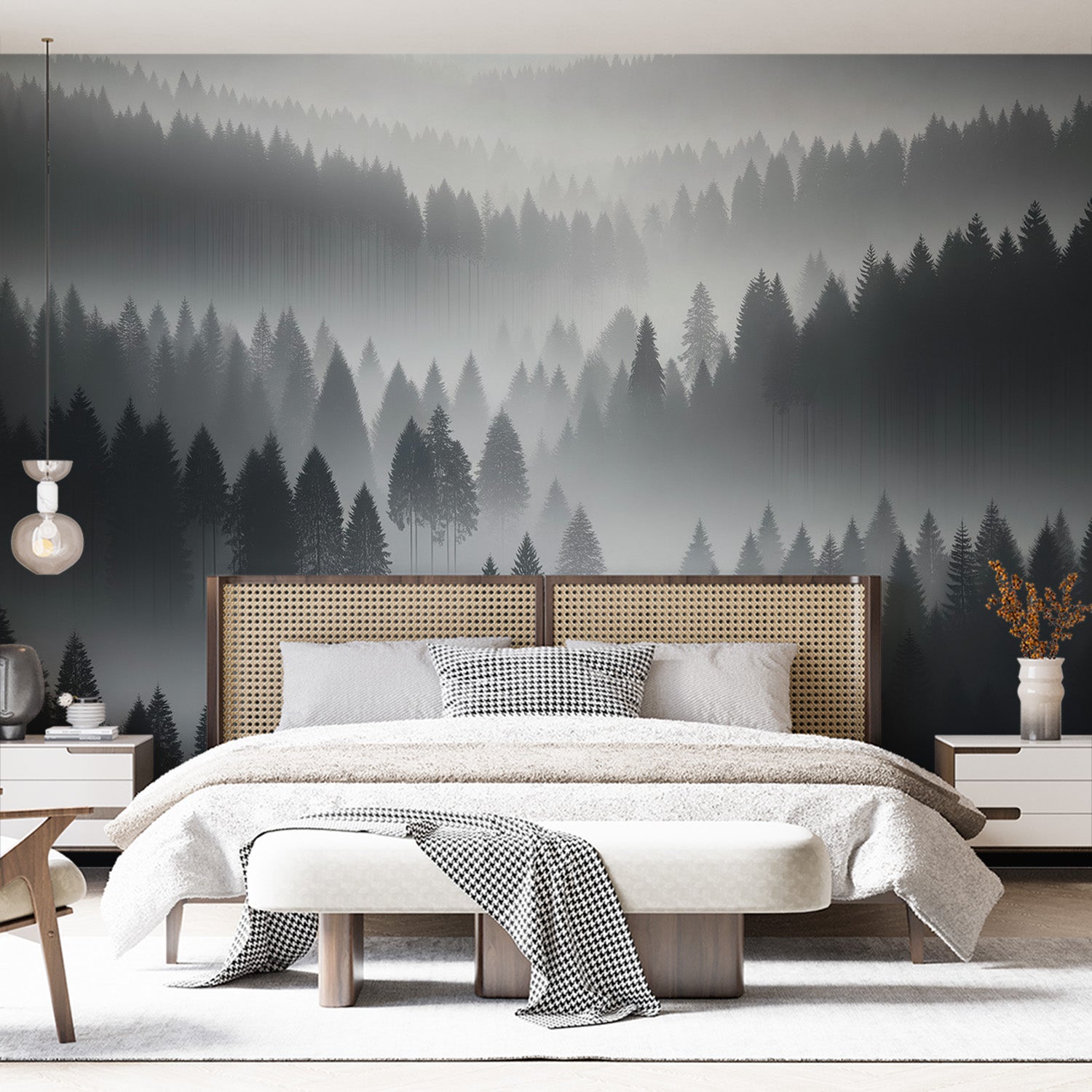  Papel pintado bosque Bruma misteriosa entre coníferas en tonos de gris