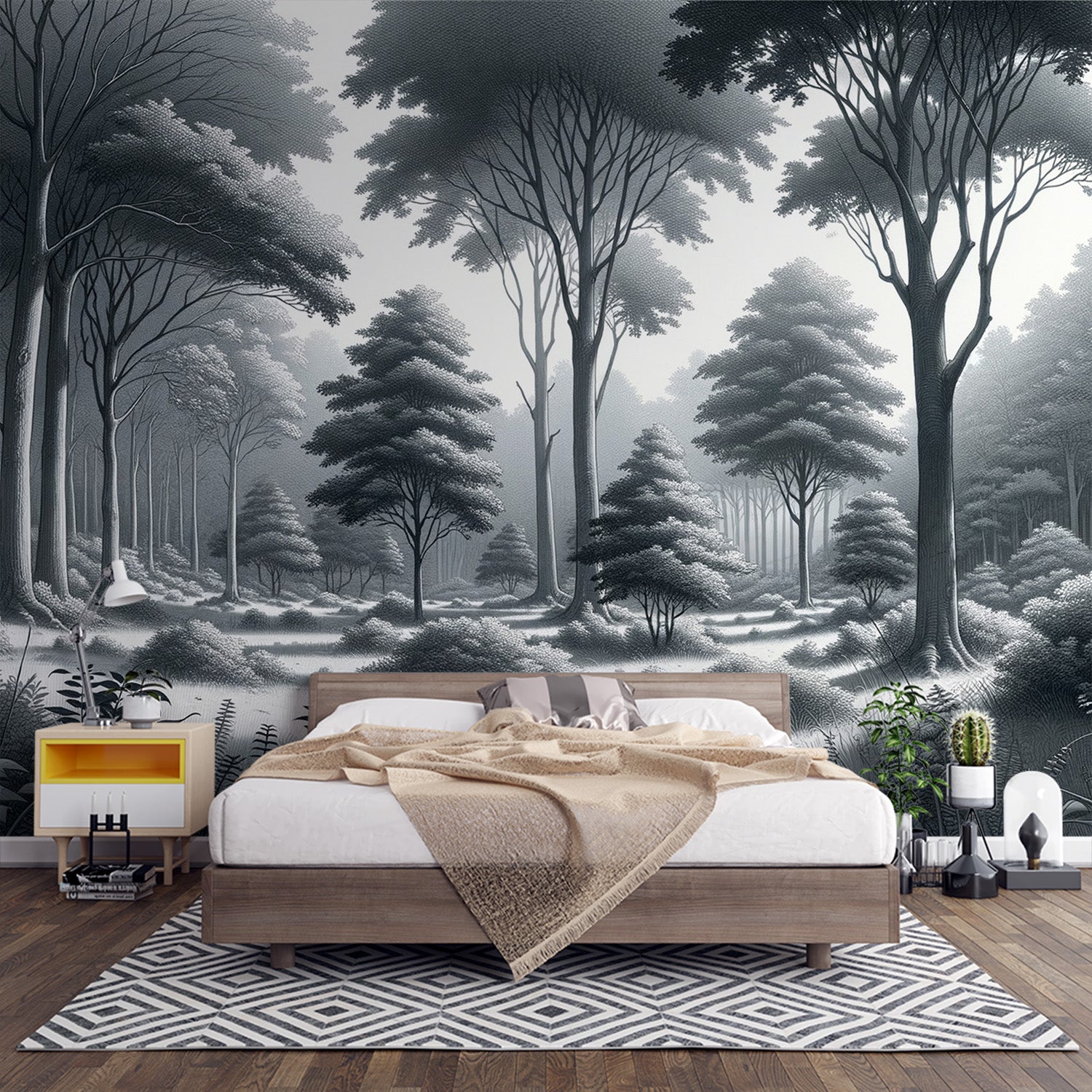 Papel pintado bosque Contrastes de gris con árboles detallados y mechones de hierba