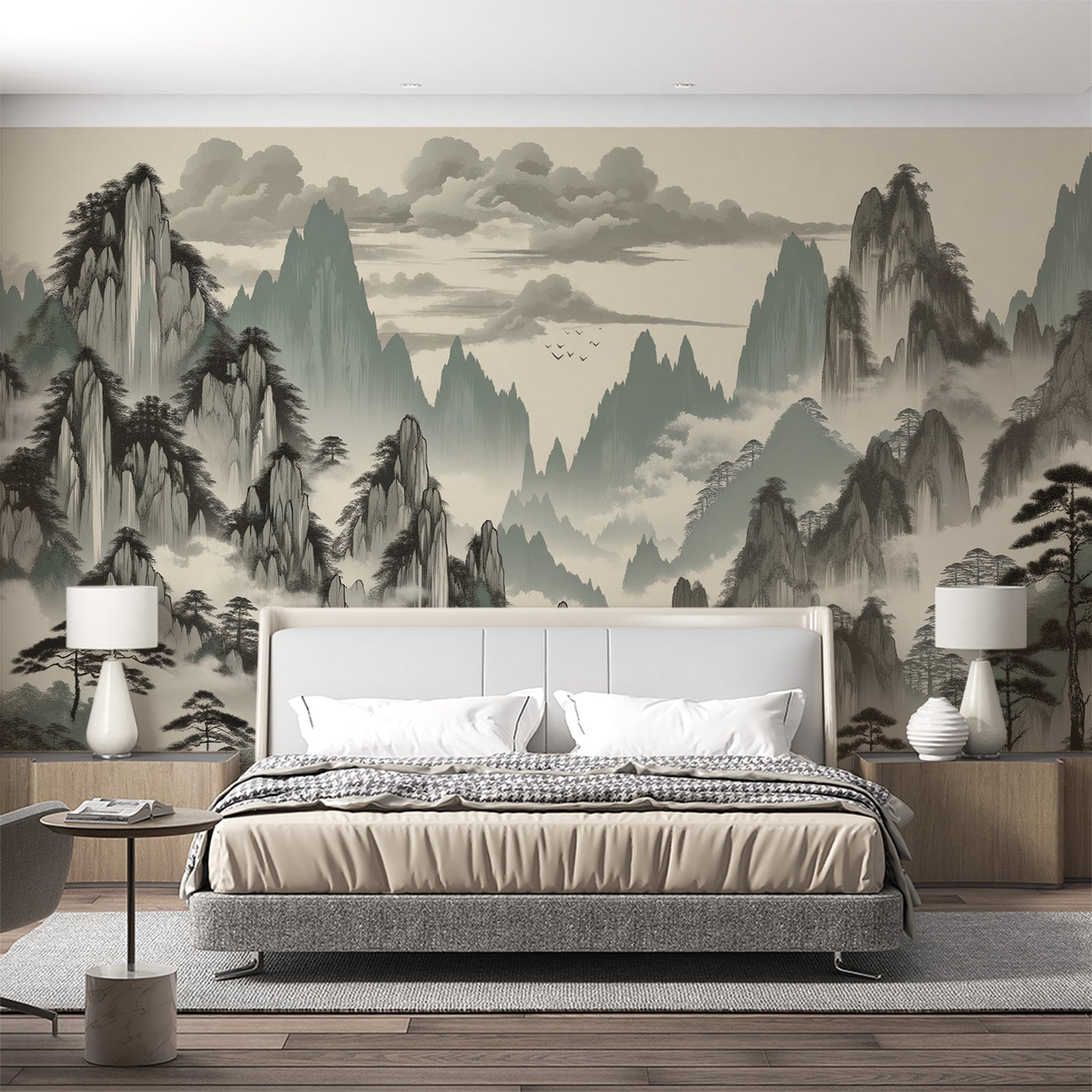  Papier peint japonais Montagnes et arbres japonais zen aux couleurs ternes 