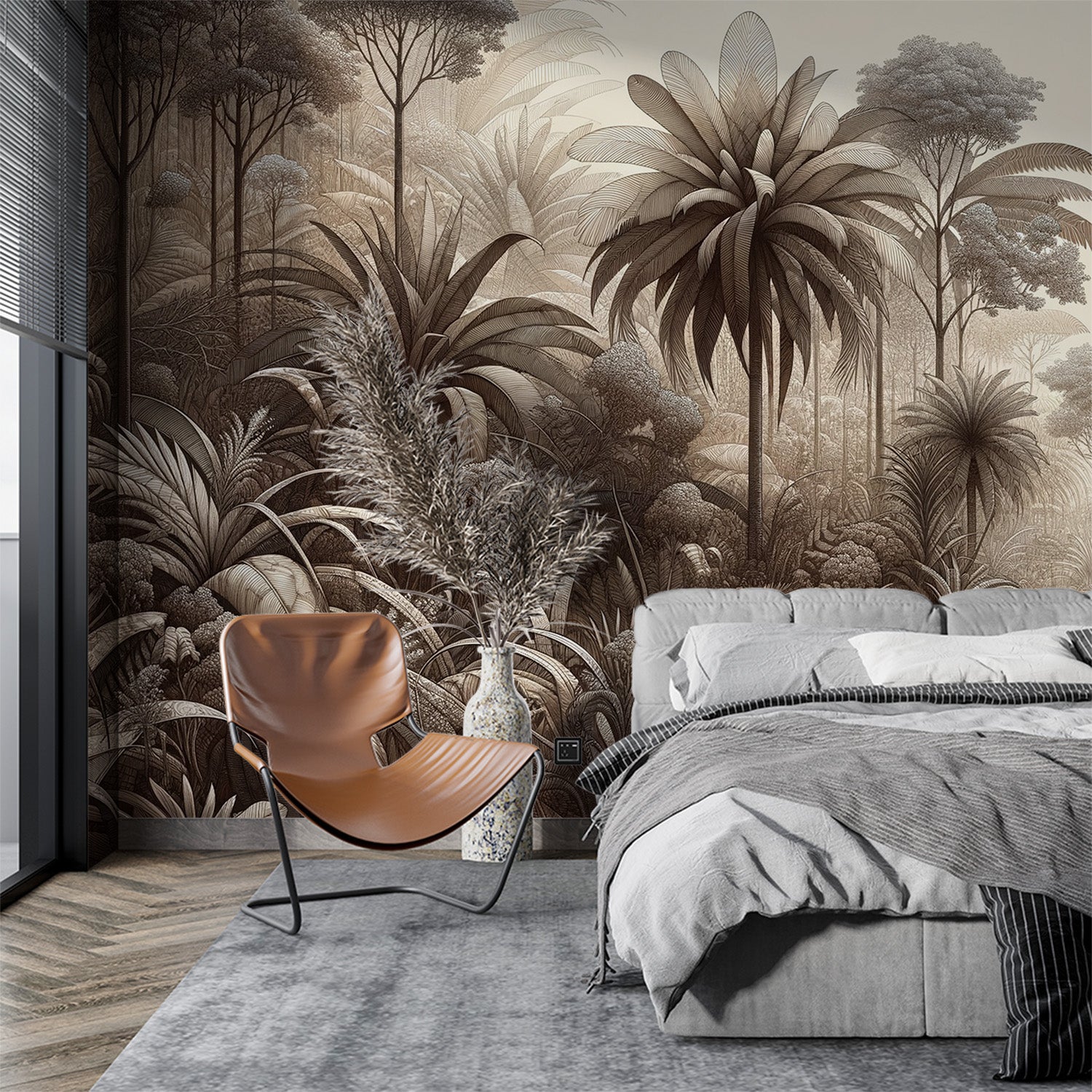  Papier peint jungle Forêt tropicale monochrome avec variété de plantes et palmiers 