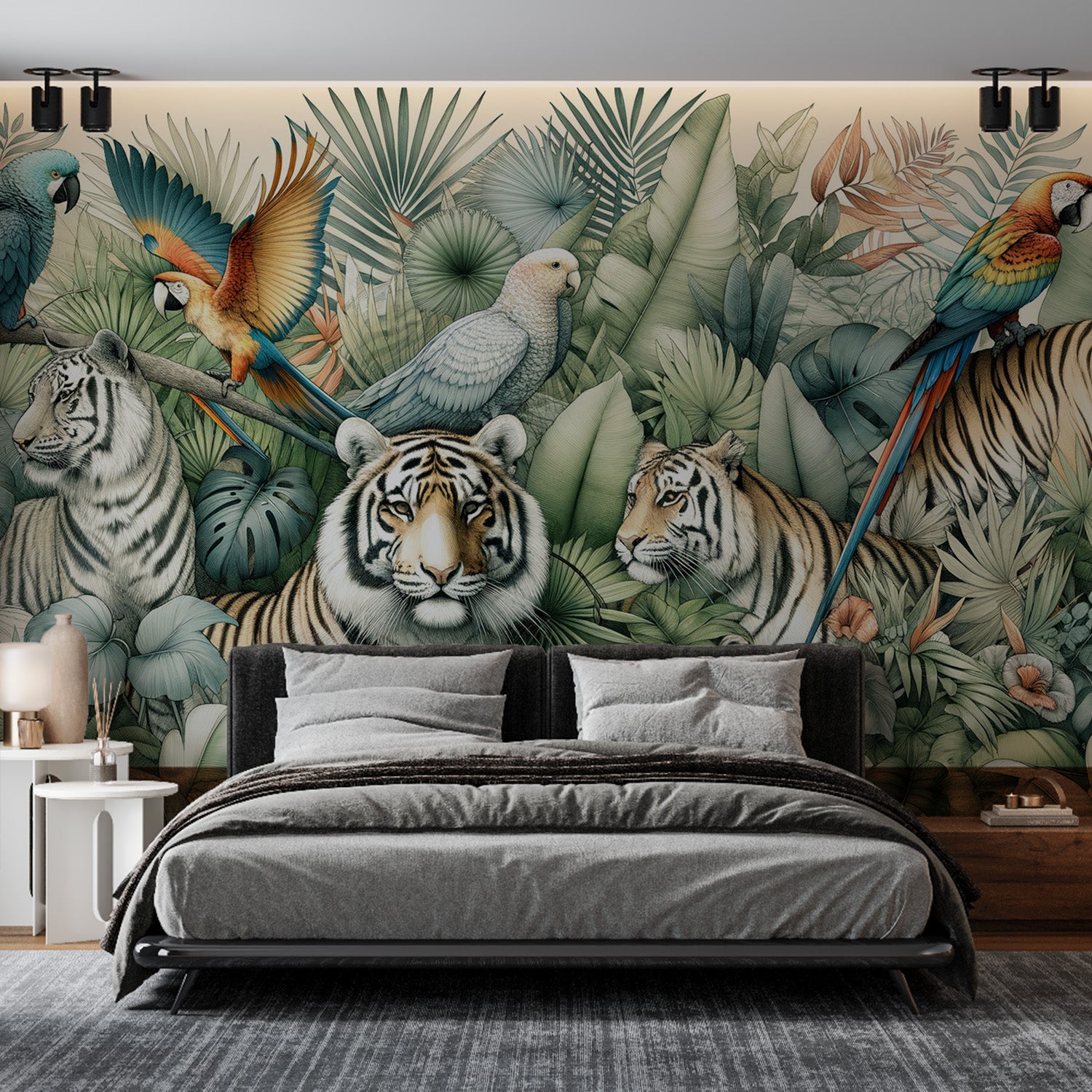  Papier peint jungle Tigres et perroquets parmi la végétation tropicale