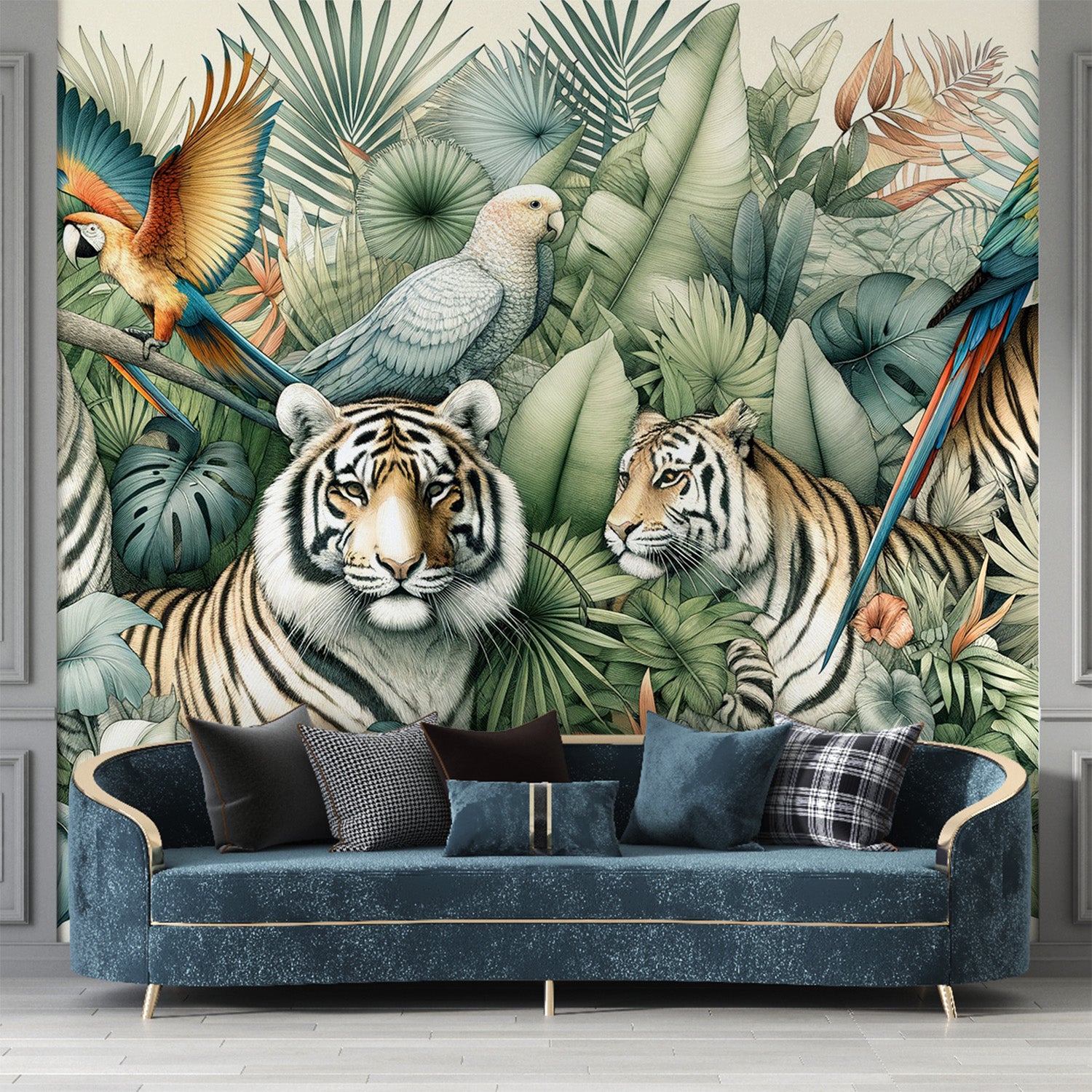  Papier peint jungle Tigres et perroquets parmi la végétation tropicale