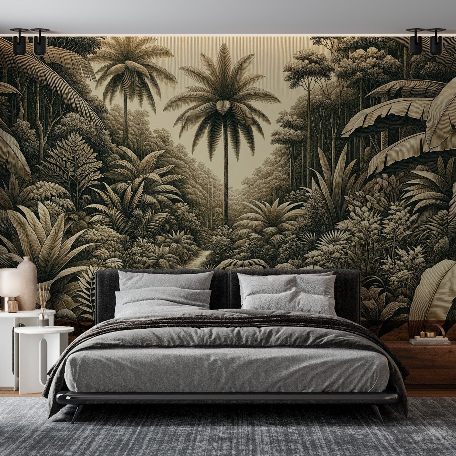  Papier peint jungle beige Palmiers et feuillages massifs