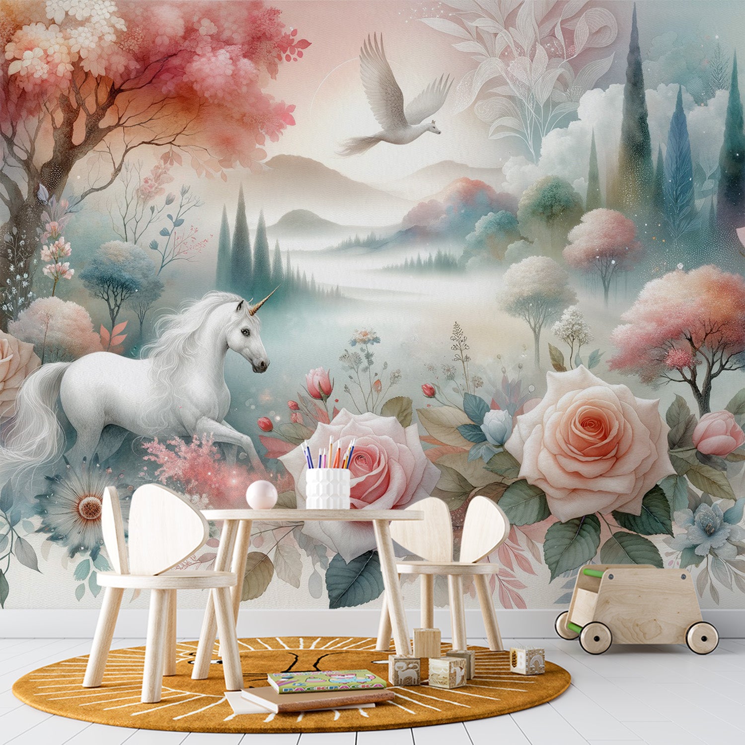  Papier peint licorne Animaux imaginaire avec compositions de roses fleuries
