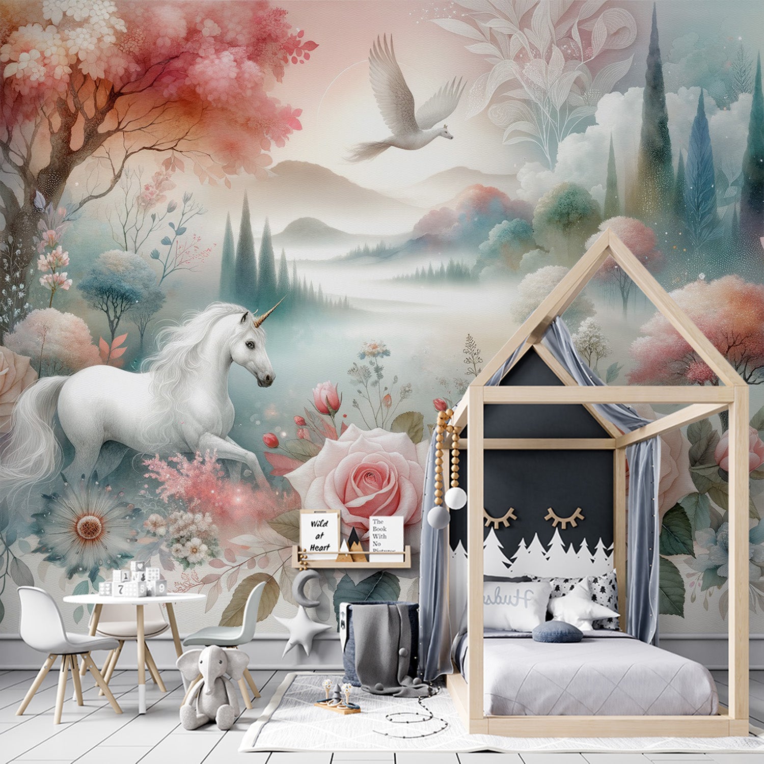  Papier peint licorne Animaux imaginaire avec compositions de roses fleuries