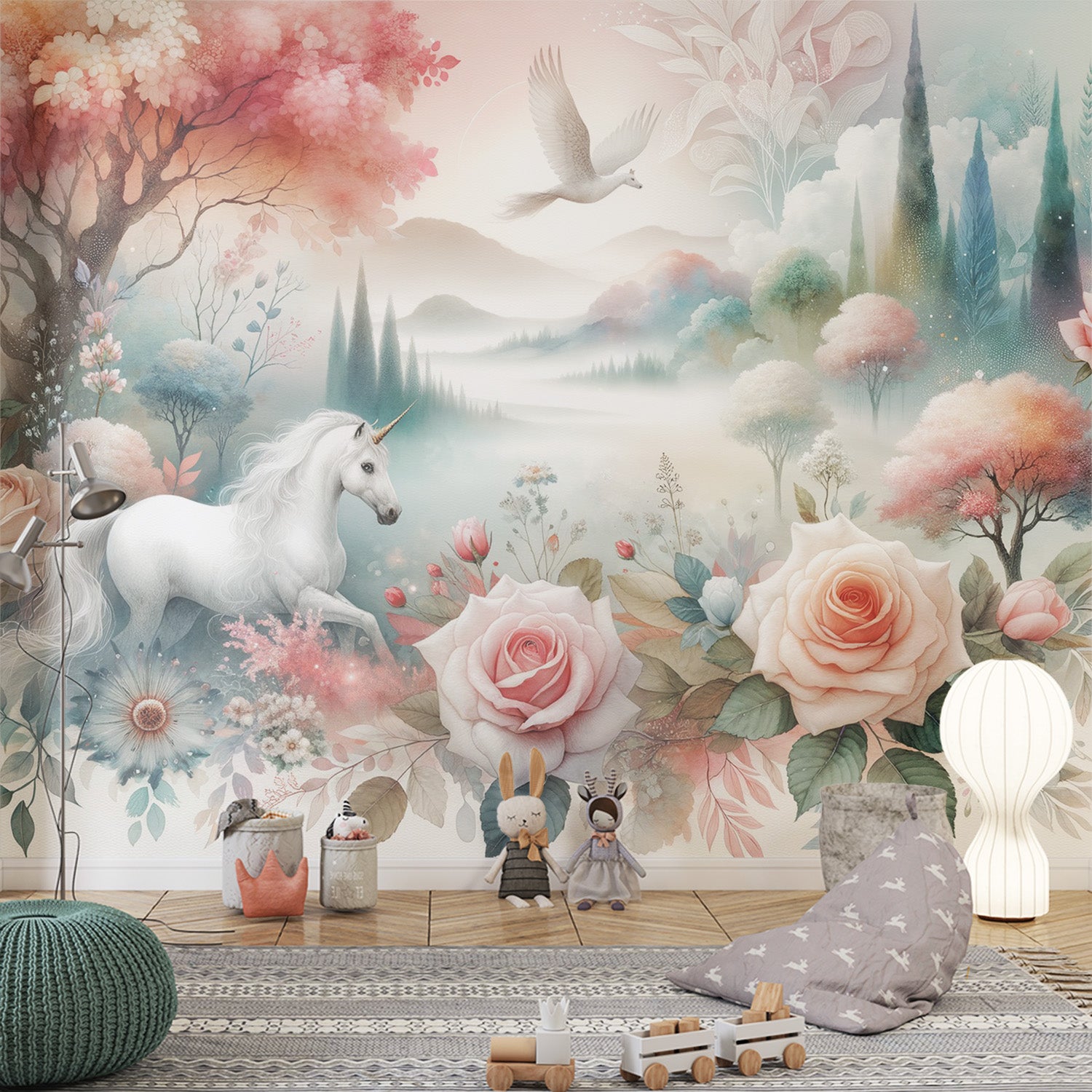  Papier peint licorne Animaux imaginaire avec compositions de roses fleuries