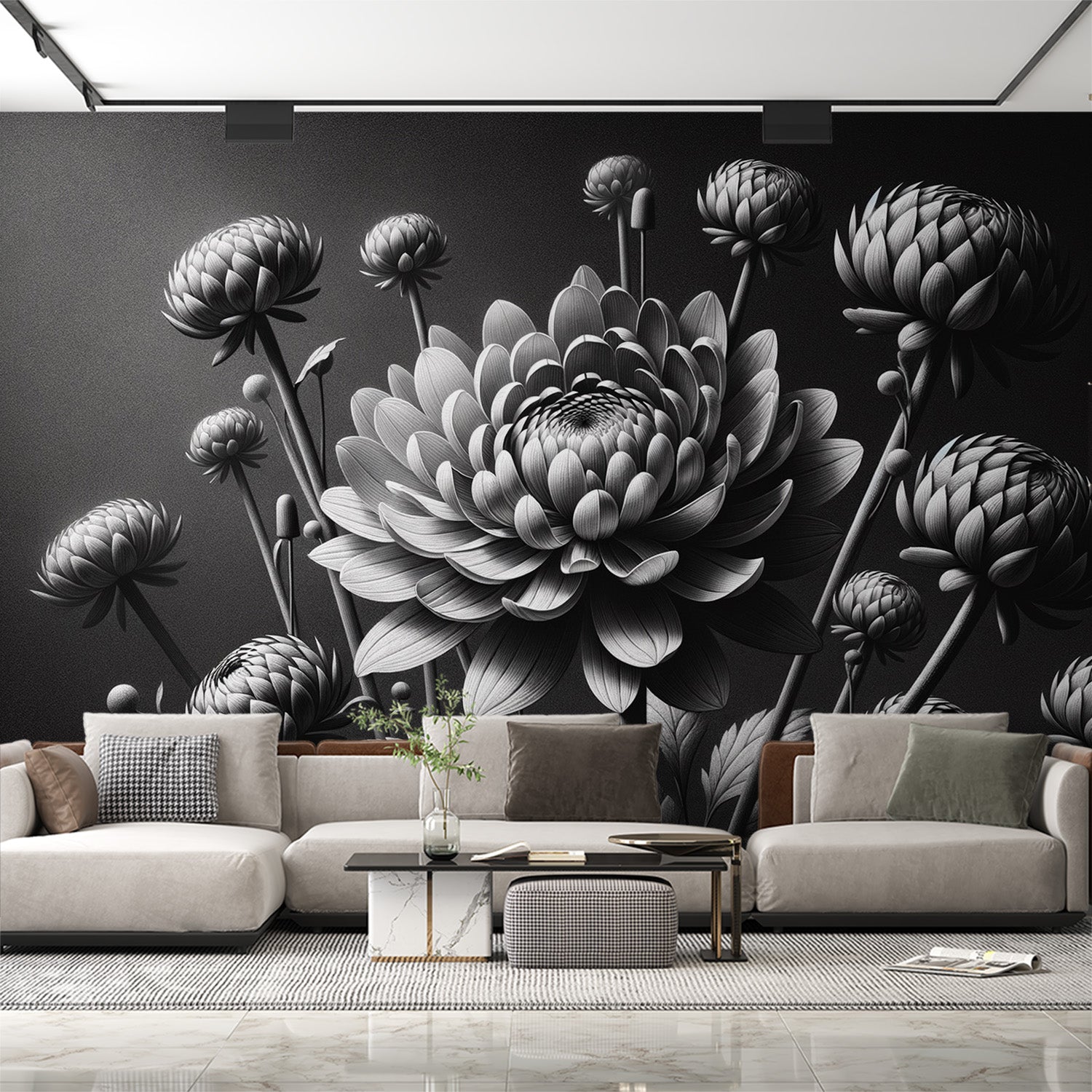  Papier peint noir et blanc Grosses chrysanthèmes ouvertes et fermées