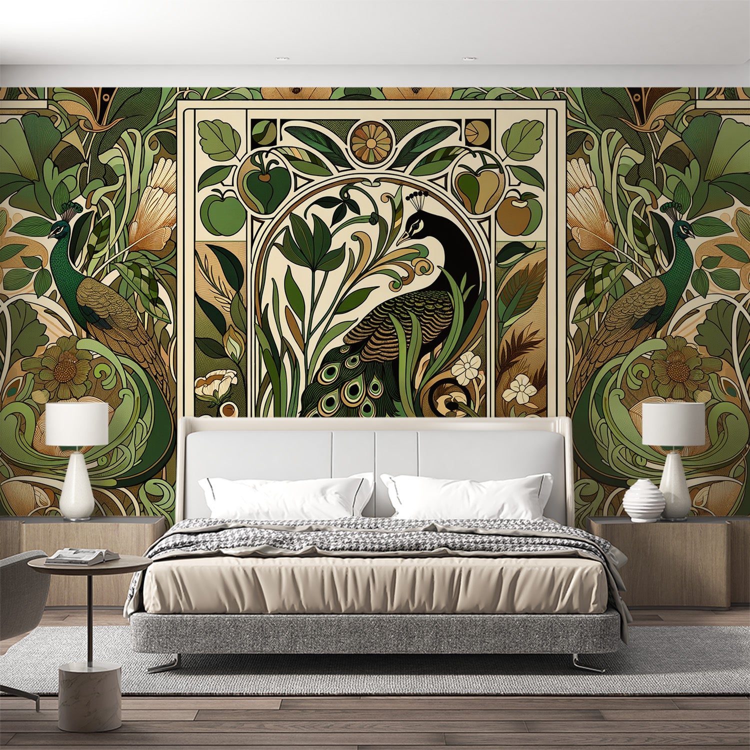  Papier peint paon Fresque verte avec feuillage