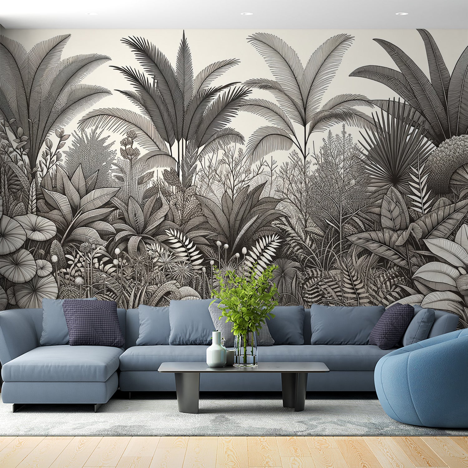  Papier peint tropical Diversité botanique en nuances de gris avec détails fins