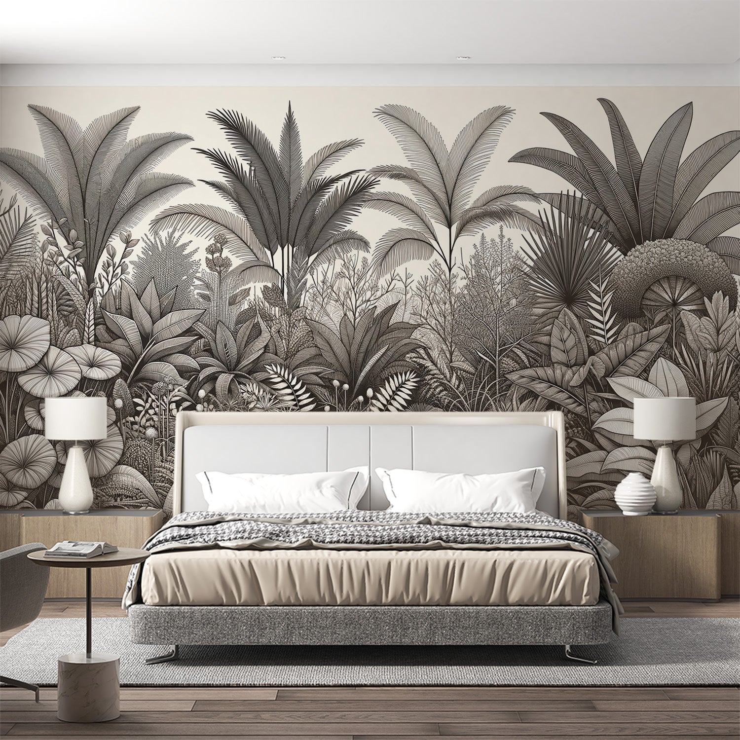  Papier peint tropical Diversité botanique en nuances de gris avec détails fins
