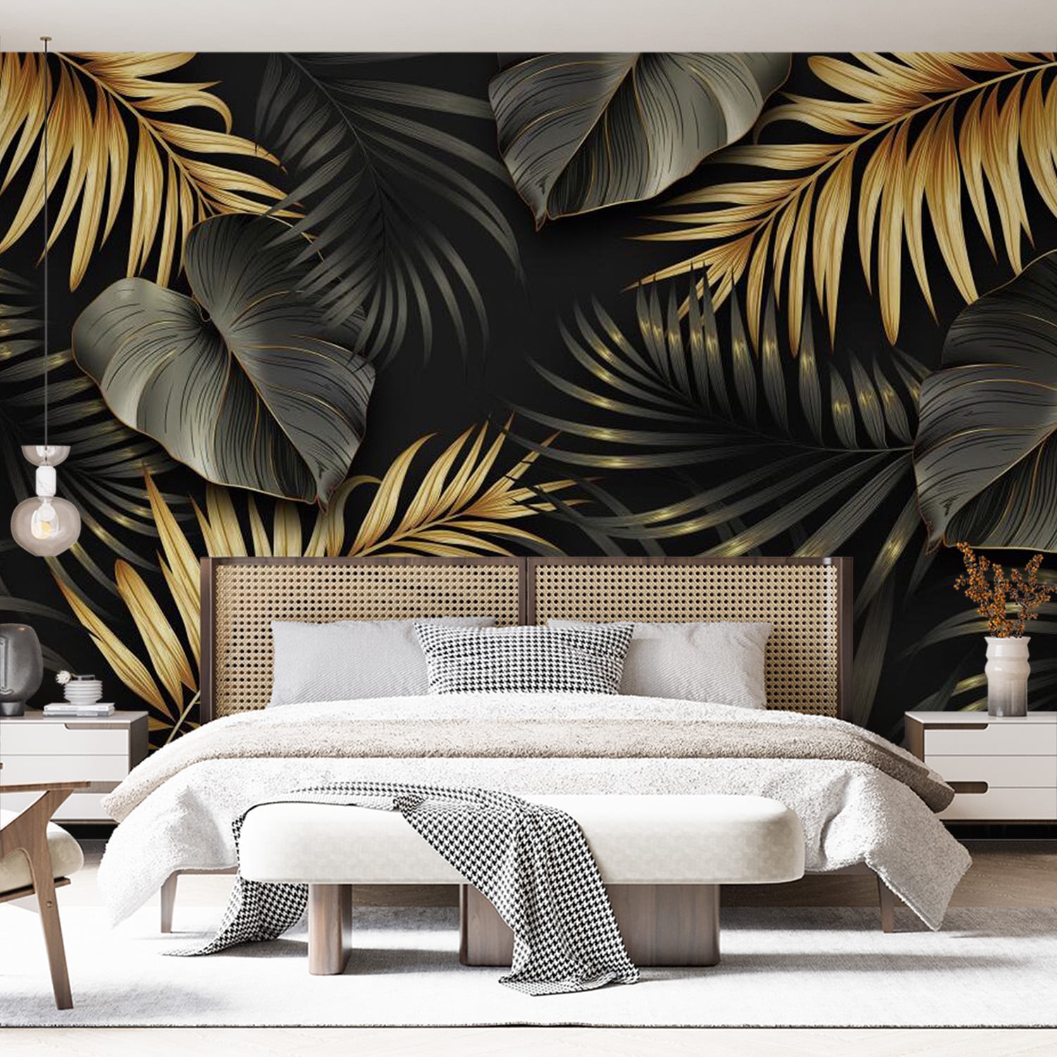 papier peint avec feuilles de palmiers noires et dorées